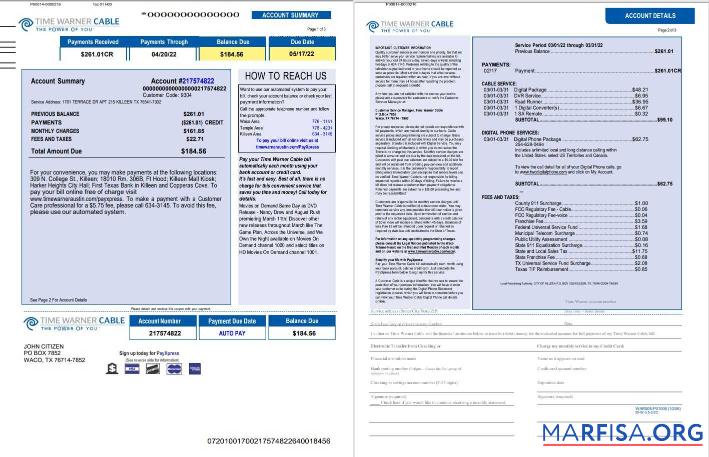 Blank USA Time Warner Cabel utility bill, Word and PDF template, 3 pages 1 2